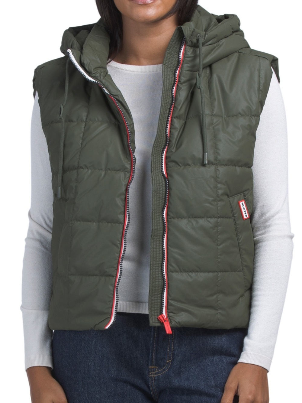Hunter Womens Quilted Hooded Puffer Vest Side Vents - Olive Green